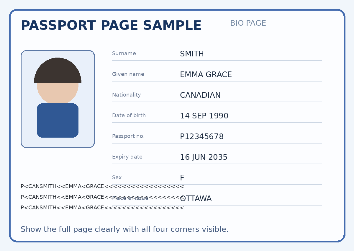 Clear passport page example