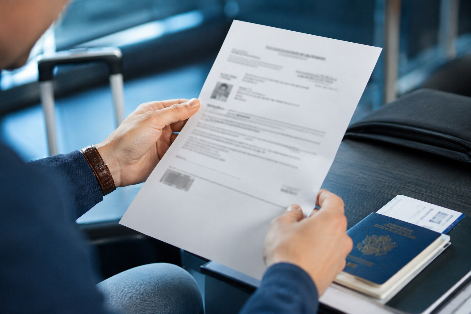 Traveler reviewing visa result document before departure